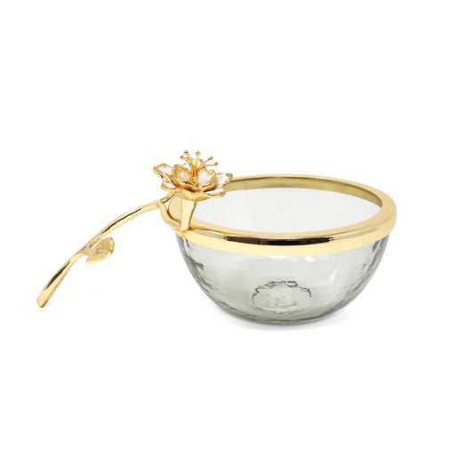 Glass Dish with Gold Enamel Flower Design On Handle Decorative Bowls High Class Touch - Home Decor 