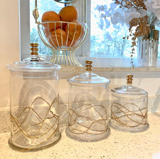 Glass Jar And Lid With Gold Swirl Design Decorative Jars High Class Touch - Home Decor 