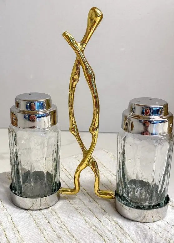 Glass Salt and Pepper Set with Gold Twig Design Salt and Pepper Shakers High Class Touch - Home Decor 