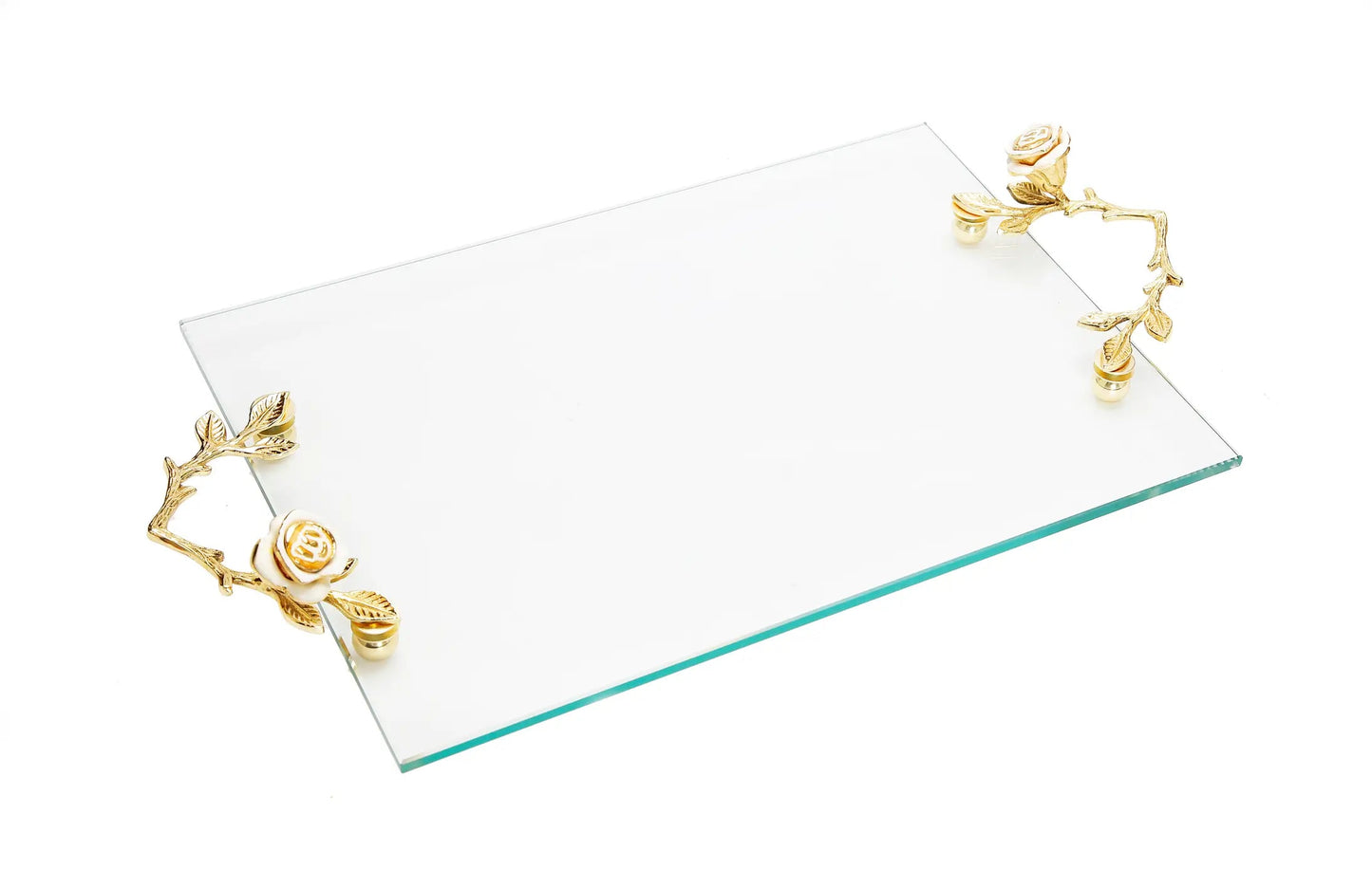 Glass Tray with White Rose Handles Decorative Trays High Class Touch - Home Decor 