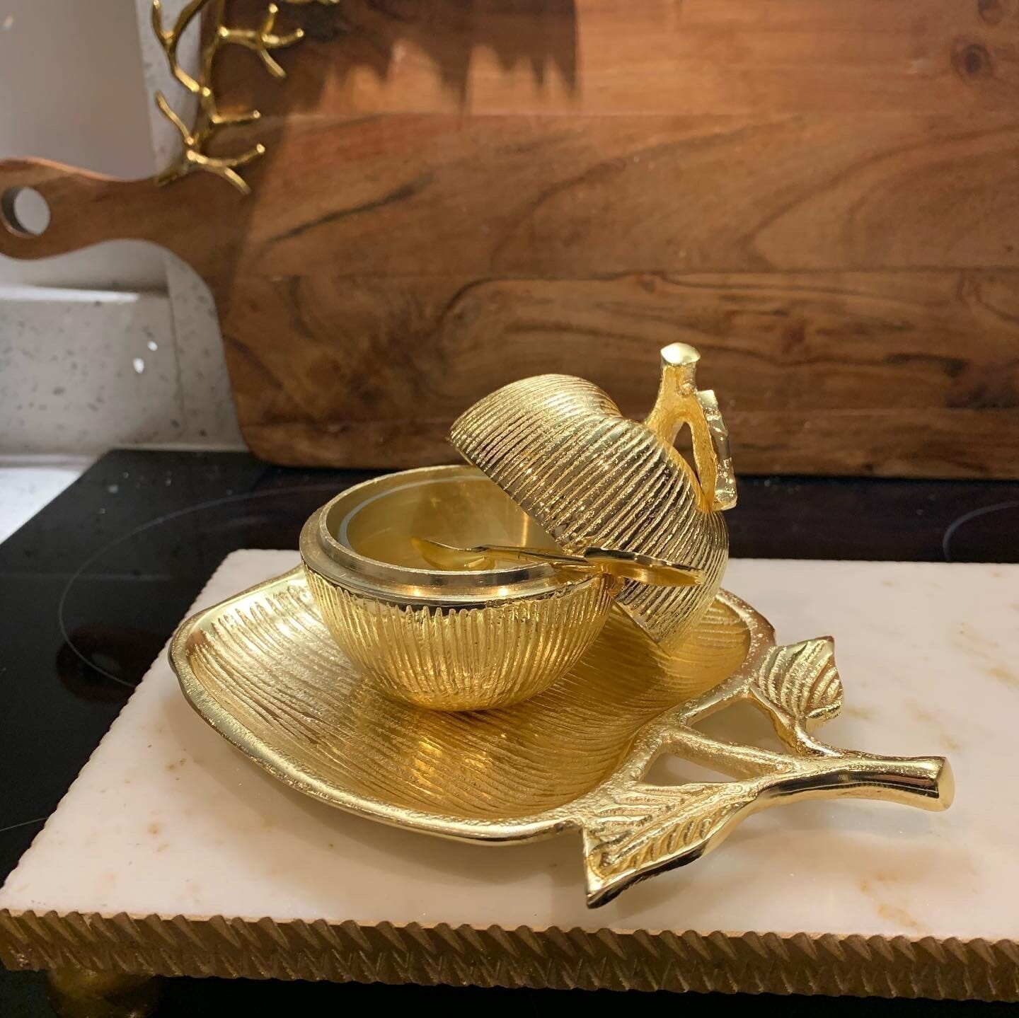 Gold Apple Shaped Dish with spoon Sugar and Honey Jars High Class Touch - Home Decor
