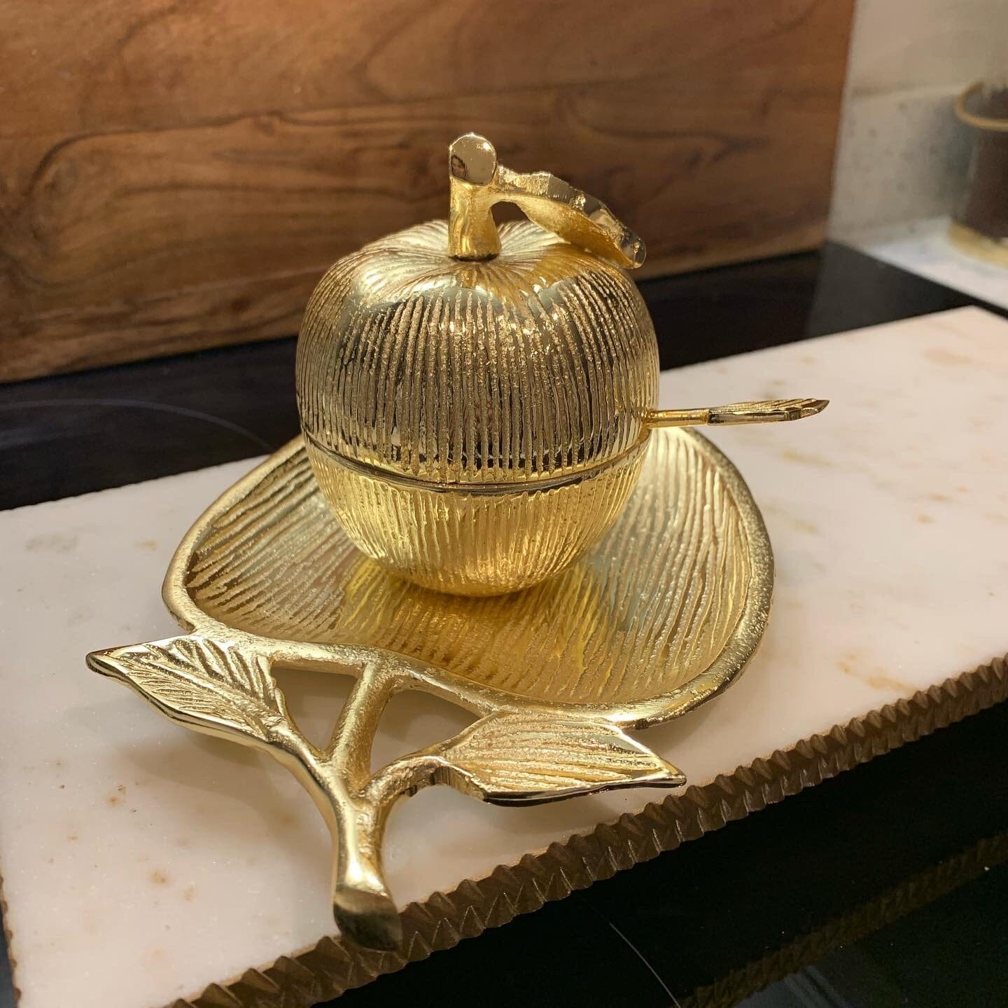 Gold Apple Shaped Dish with spoon Sugar and Honey Jars High Class Touch - Home Decor