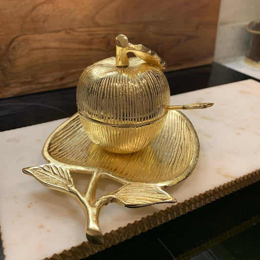 Gold Apple Shaped Dish with spoon Sugar and Honey Jars High Class Touch - Home Decor 