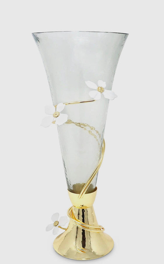Gold Base Glass Vase with Flower Design, 16"H Vases High Class Touch - Home Decor 