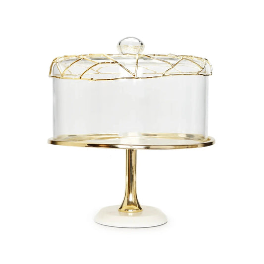 Gold Cake Tray Glass Dome, White Marble Base Mesh Design Cake Stands High Class Touch - Home Decor 