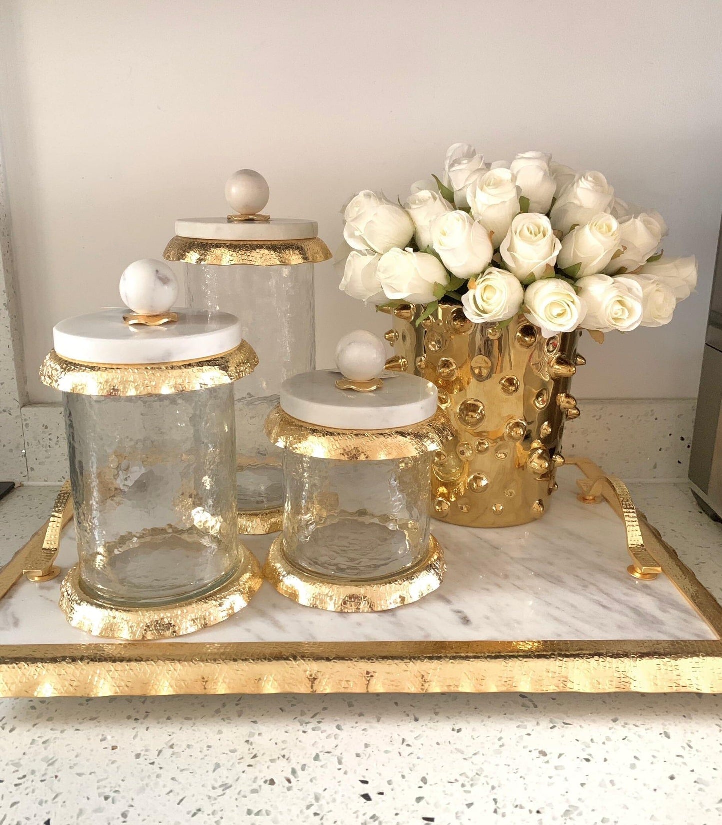 Gold Canister With Marble And Gold Wavy Edge Lid Canisters High Class Touch - Home Decor