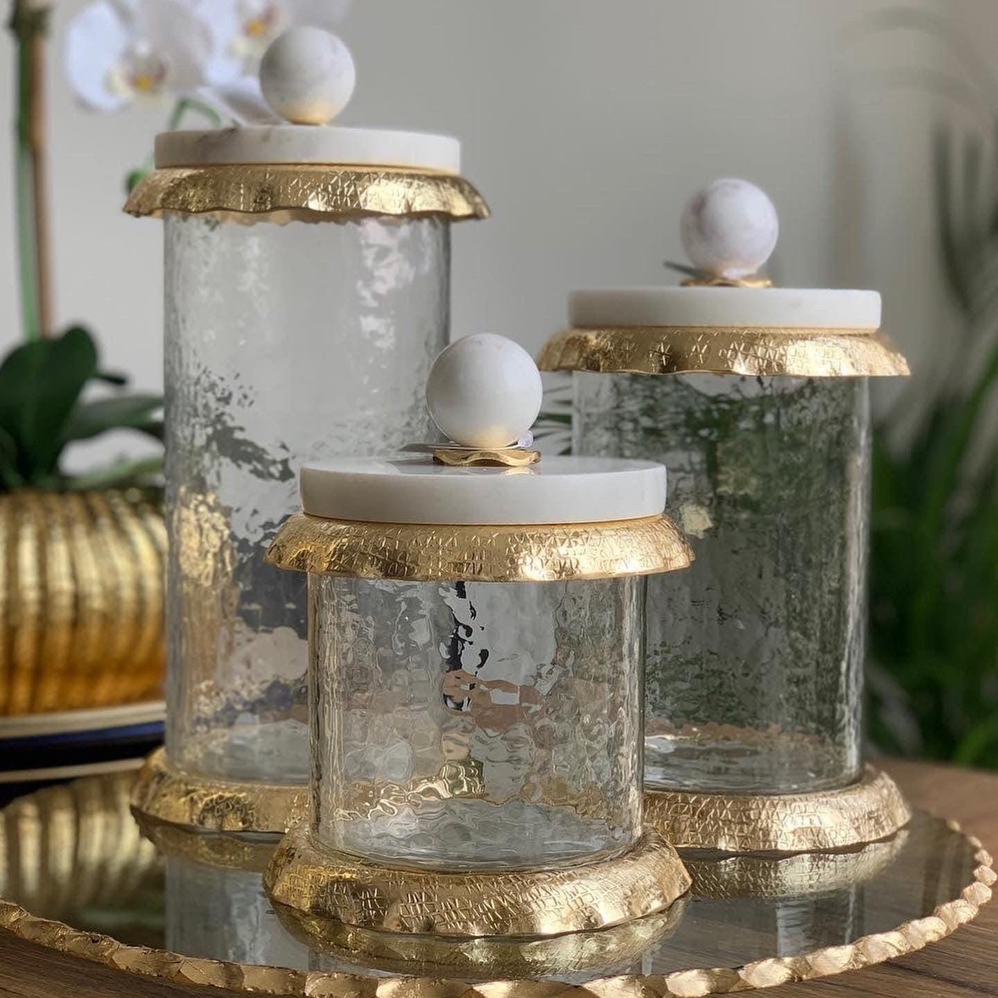 Gold Canister With Marble And Gold Wavy Edge Lid Canisters High Class Touch - Home Decor Set of 3 