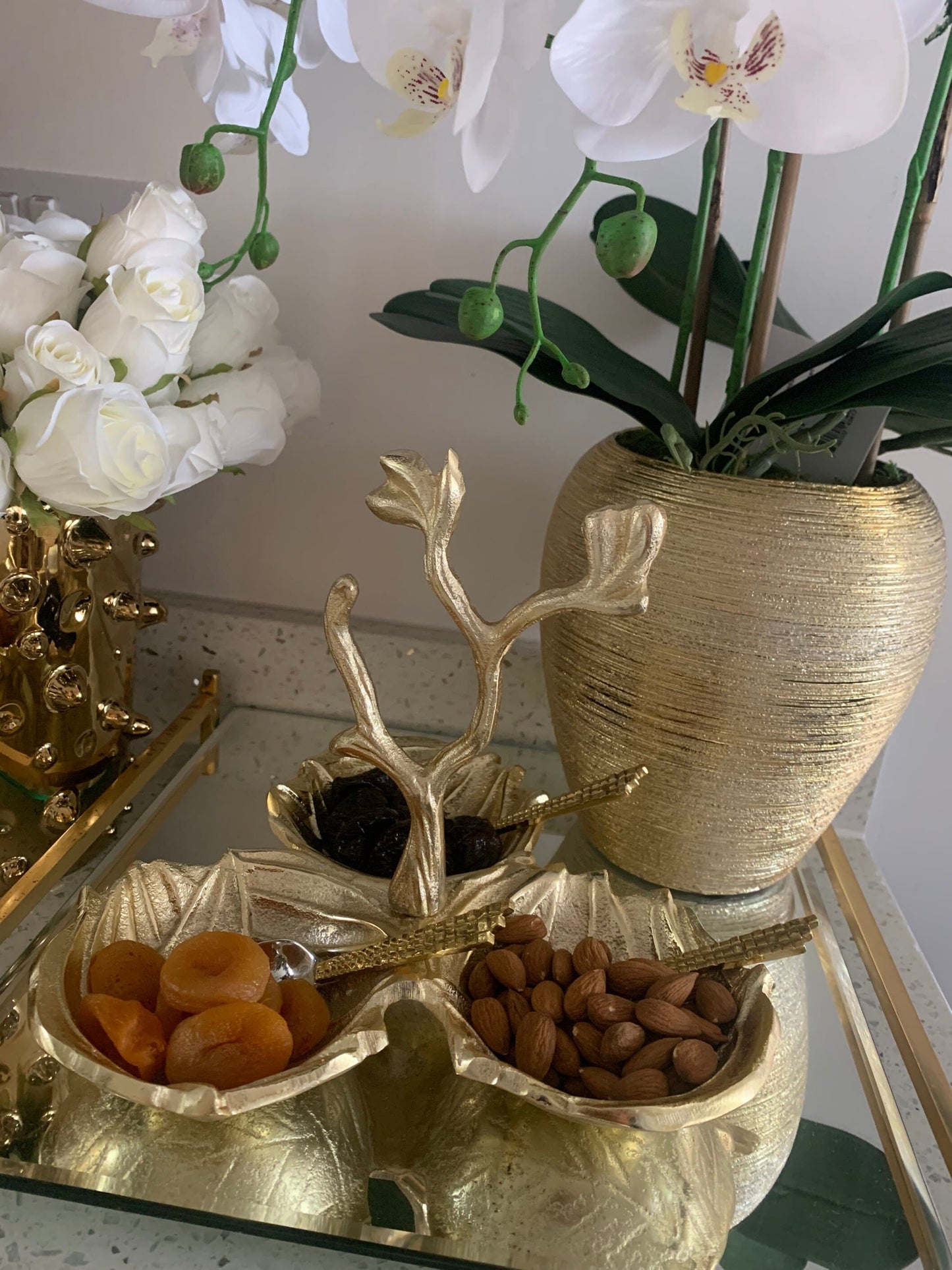 Gold Leaf 3 Sectional Relish Dish Snack Bowls High Class Touch - Home Decor