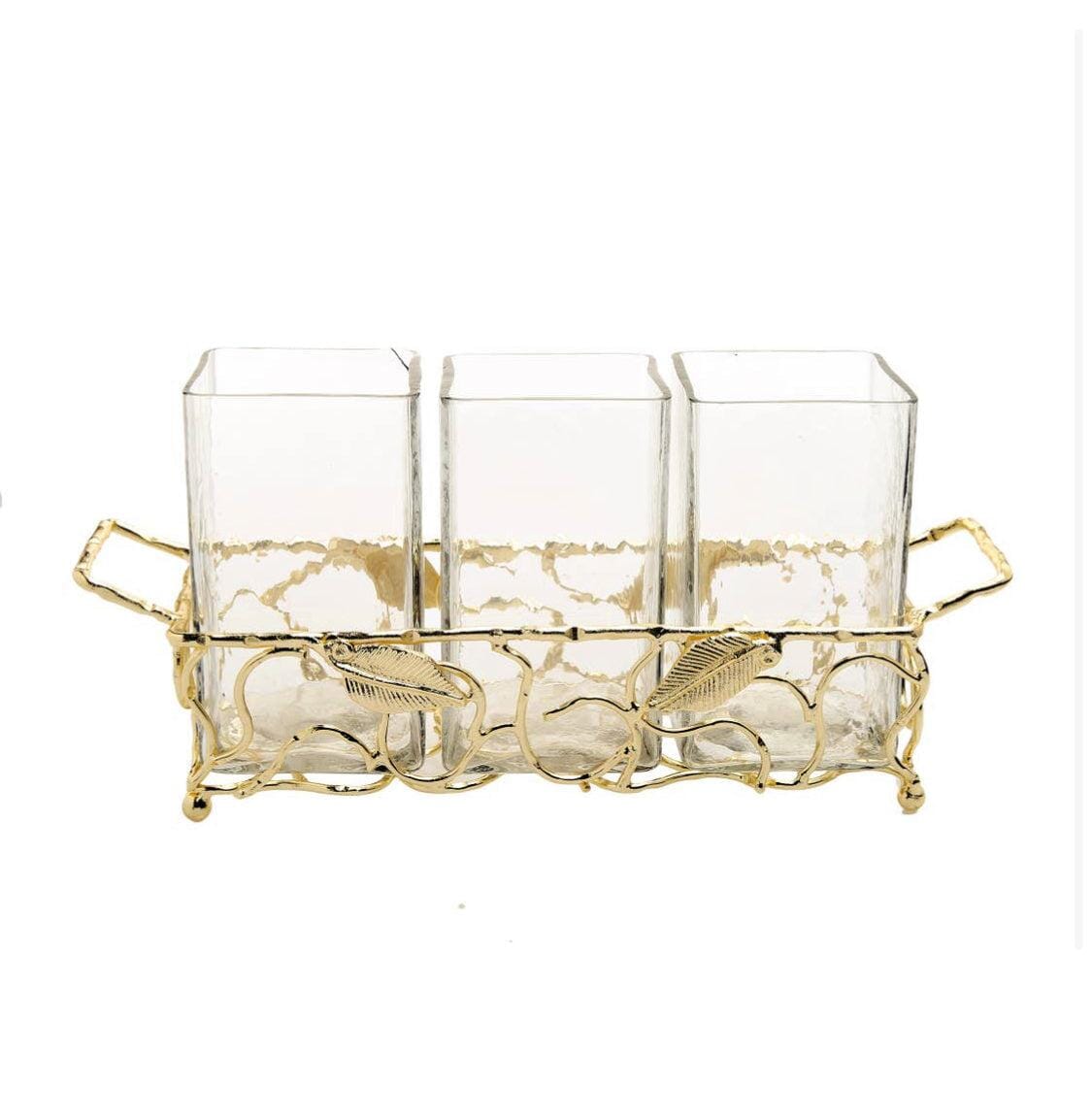 Gold Leaf Cutlery Holder With Hammered Glass Inserts Cutlery holder High Class Touch - Home Decor