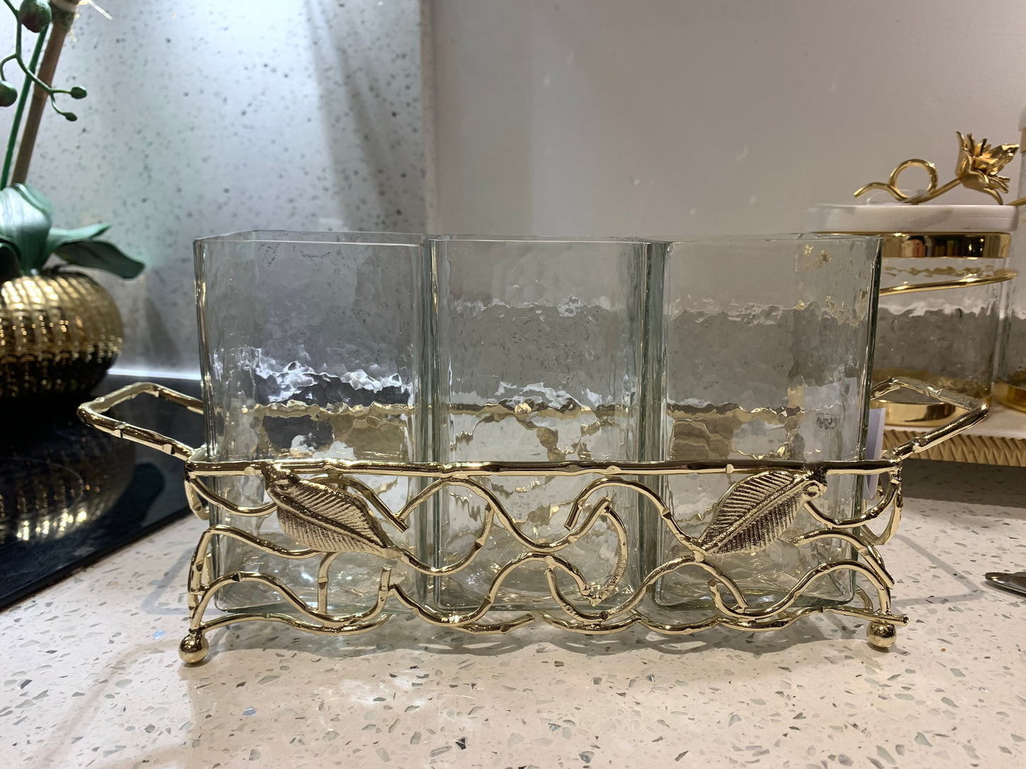 Gold Leaf Cutlery Holder With Hammered Glass Inserts Cutlery holder High Class Touch - Home Decor