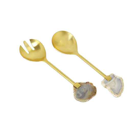 Gold Salad Servers with Agate Stone Salad server set High Class Touch - Home Decor 
