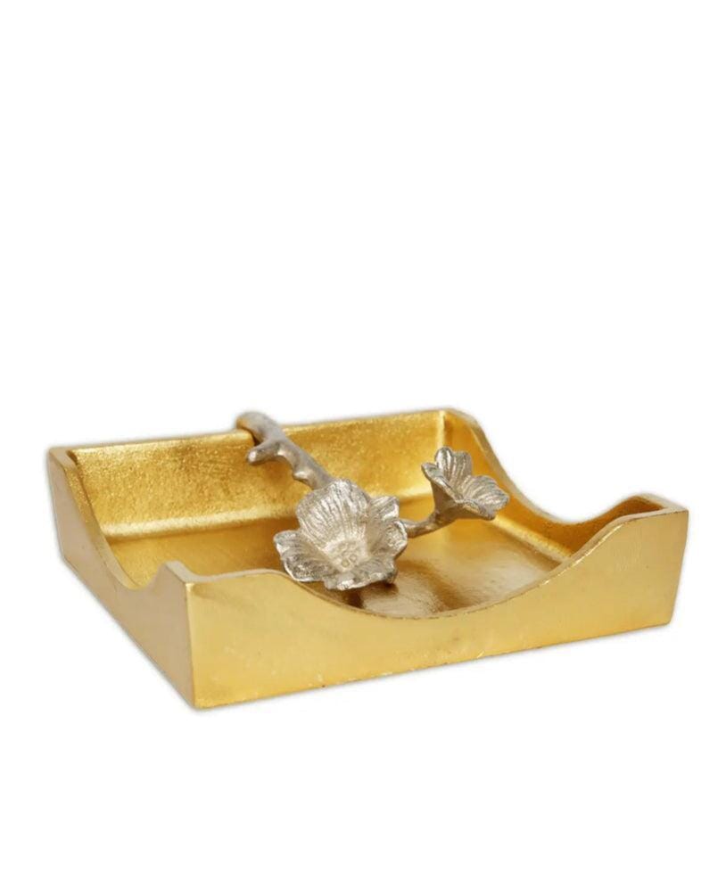 Gold Square Napkin Holder With Silver Leaf Design Napkin Holders & Dispensers High Class Touch - Home Decor