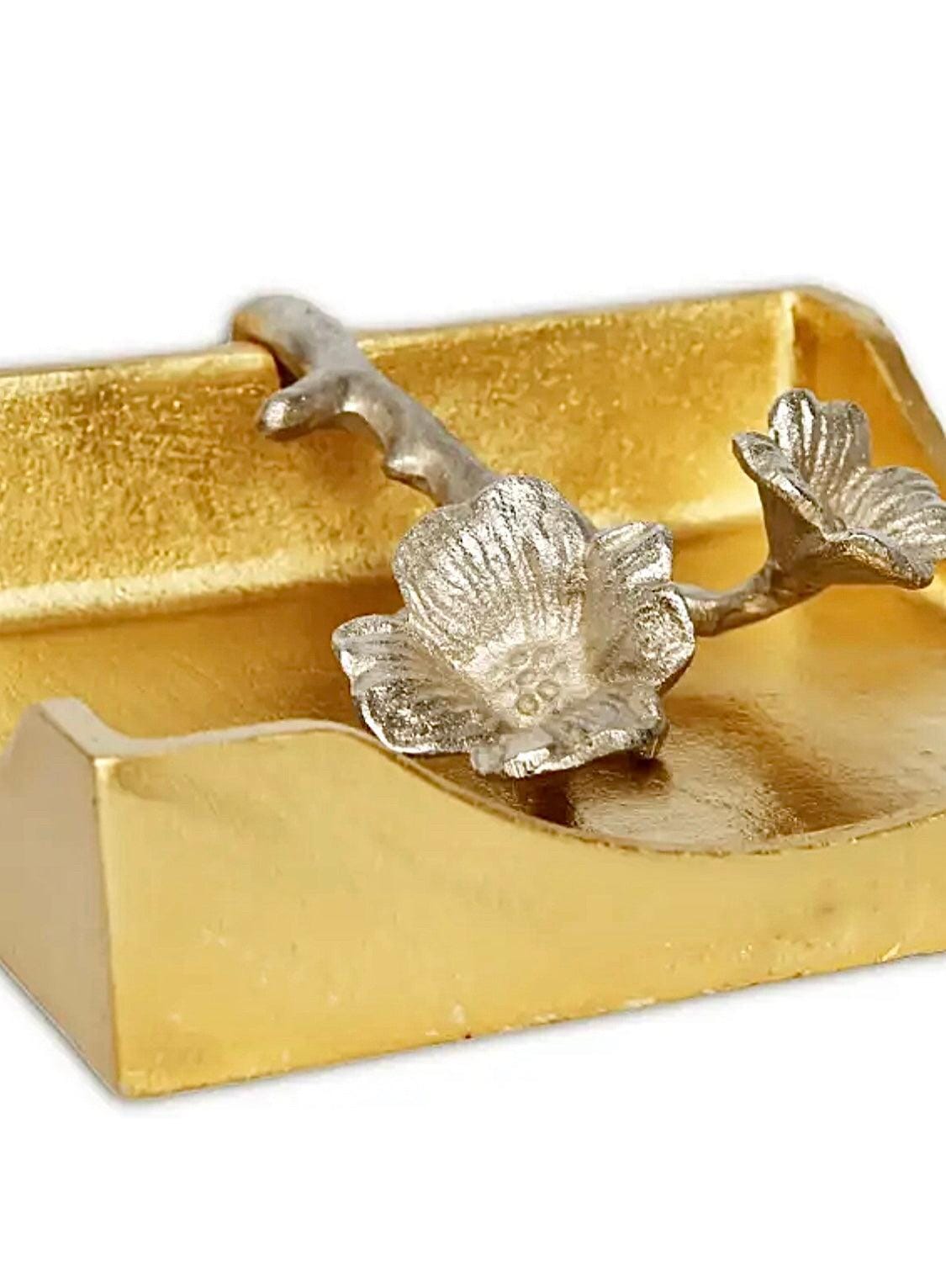 Gold Square Napkin Holder With Silver Leaf Design Napkin Holders & Dispensers High Class Touch - Home Decor