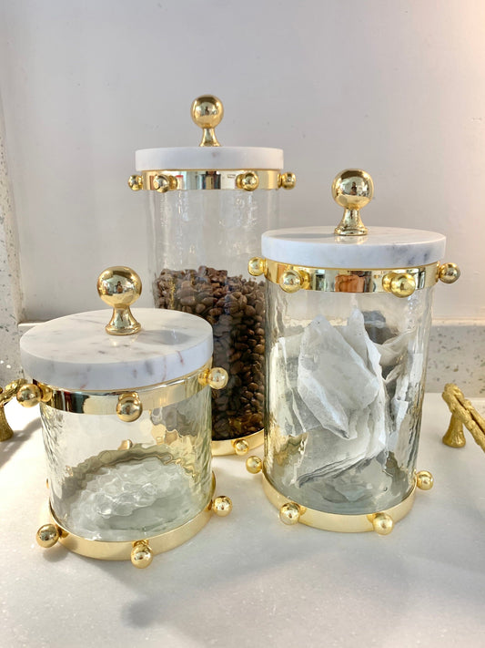 Hammered Glass Canister w/ Gold Ball Design and Marble Cover Canisters High Class Touch - Home Decor 