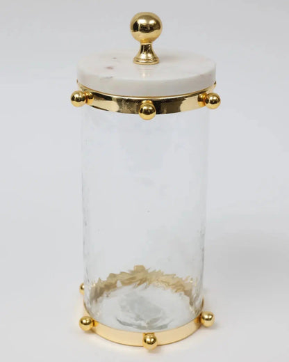 Hammered Glass Canister w/ Gold Ball Design and Marble Cover Canisters High Class Touch - Home Decor Large 