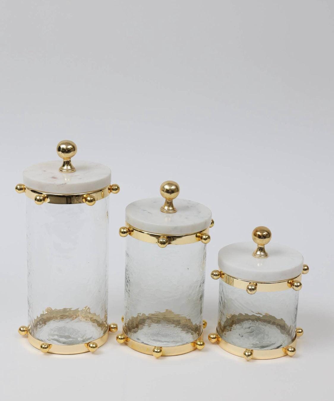 Hammered Glass Canister w/ Gold Ball Design and Marble Cover Canisters High Class Touch - Home Decor Set of 3 