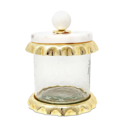 Tea, Coffee, Sugar Glass and Gold Canister with Marble Lid small size