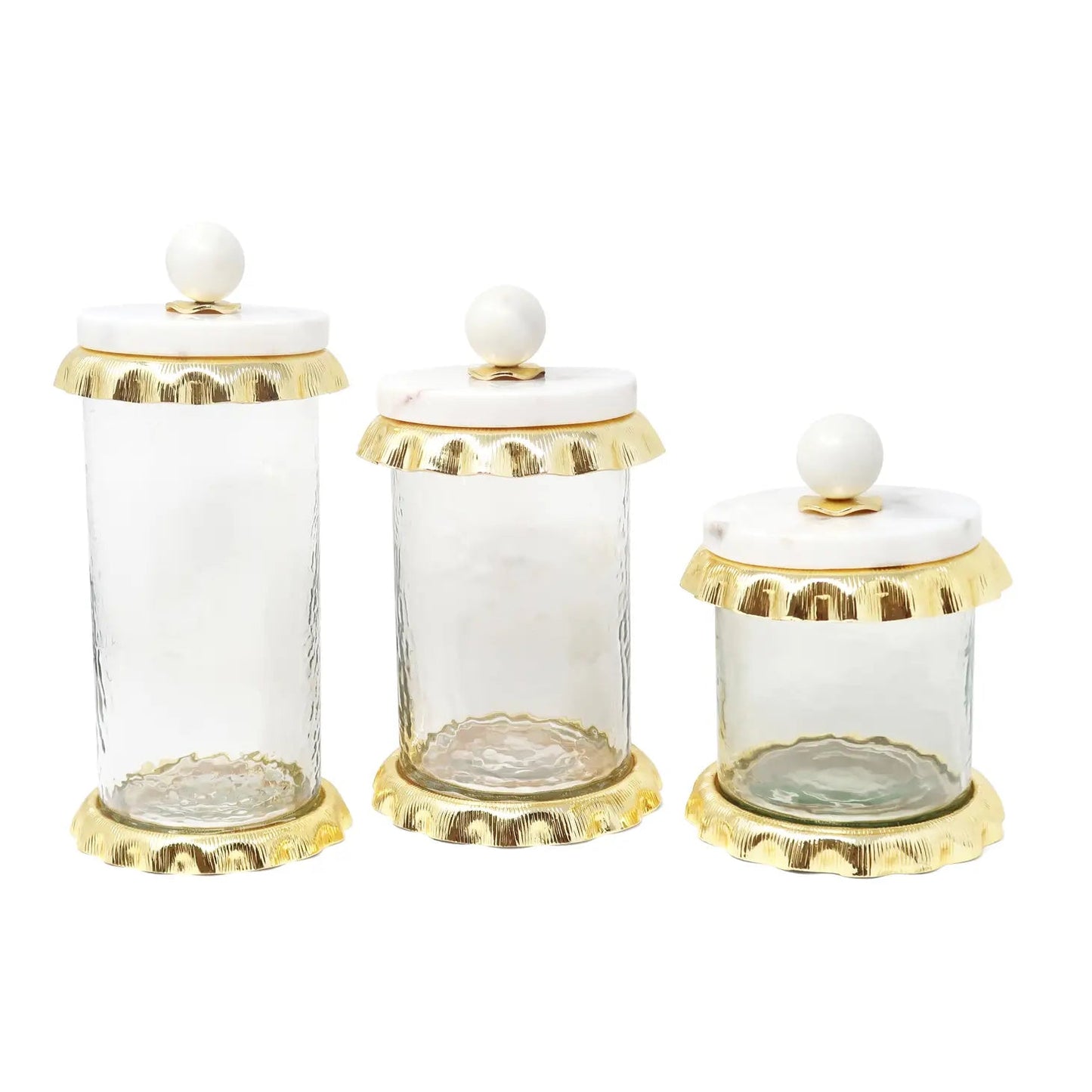 Tea, Coffee, Sugar Glass and Gold Canister with Marble Lid Set of 3