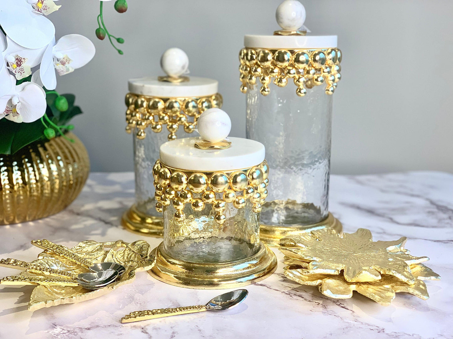 Hammered Glass Canisters with Gold Design and Marble Lid Canisters High Class Touch - Home Decor