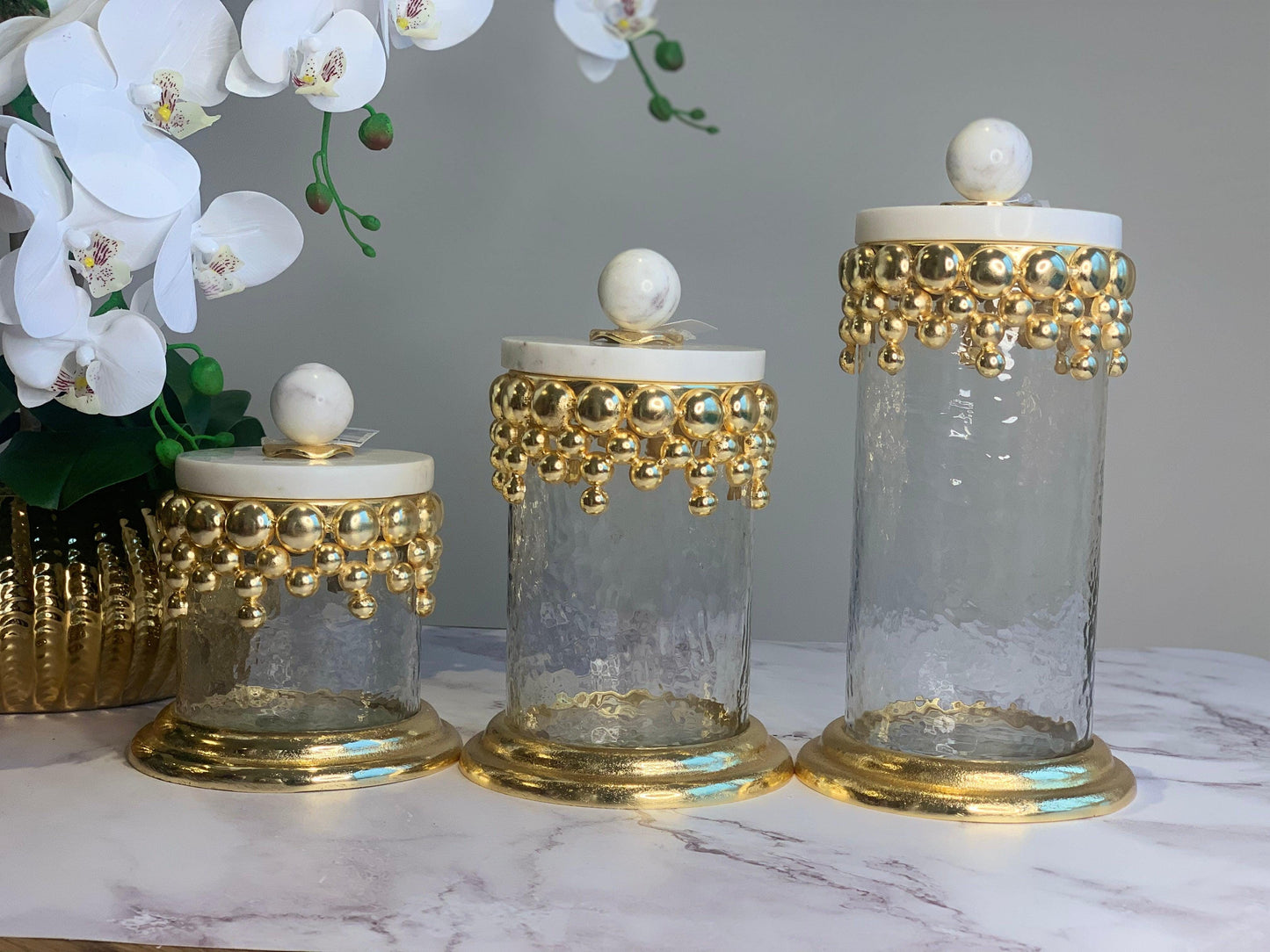 Hammered Glass Canisters with Gold Design and Marble Lid Canisters High Class Touch - Home Decor 