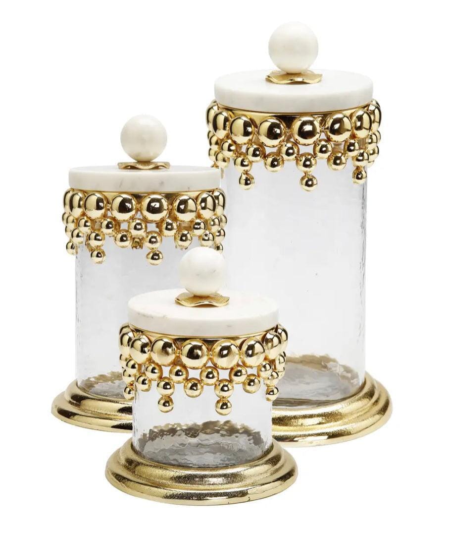 Hammered Glass Canisters with Gold Design and Marble Lid Canisters High Class Touch - Home Decor Set of 3