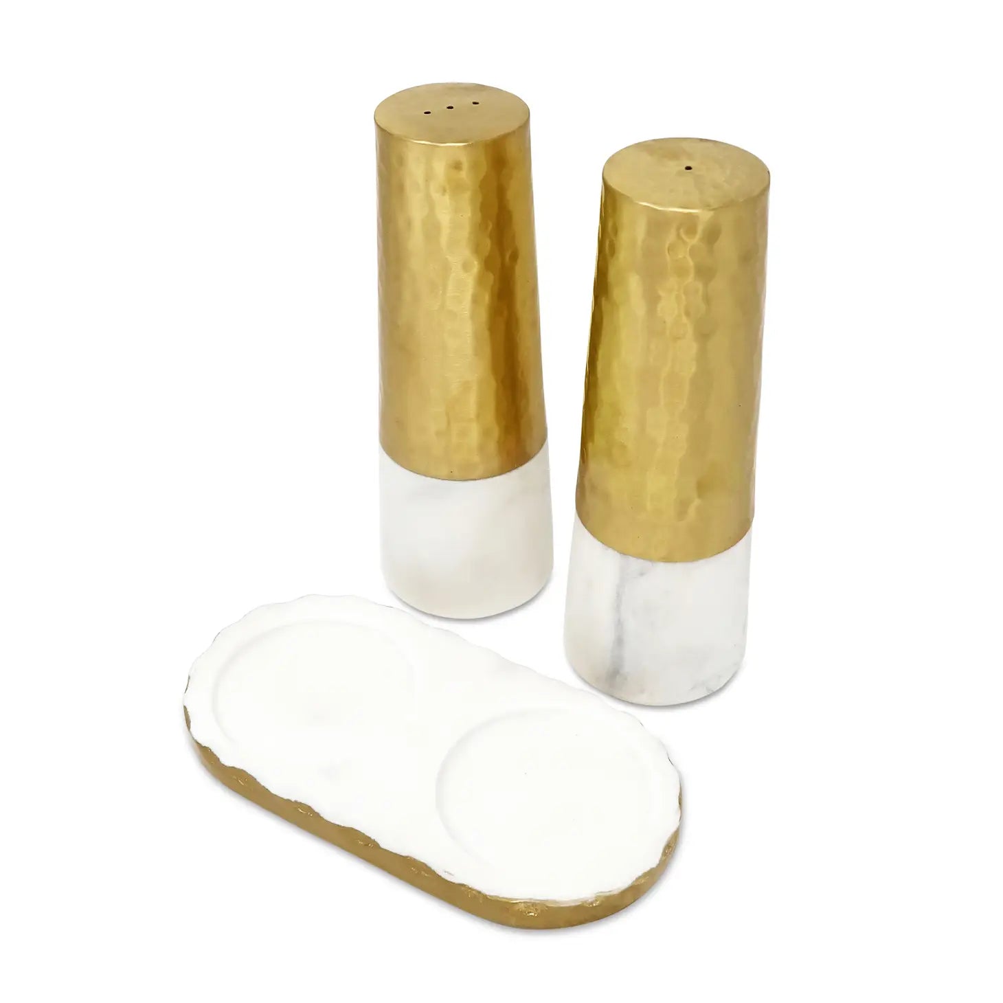 Marble and Gold Salt & Pepper Shaker Set On Tray Salt and Pepper Shakers High Class Touch - Home Decor 
