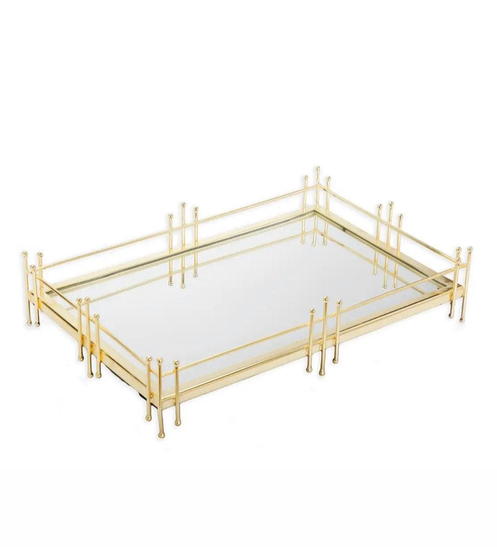 Oblong Mirror Tray with Gold Symmetrical Design Decorative Trays High Class Touch - Home Decor 