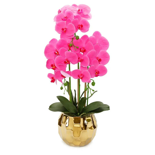 Pink Orchid plant in Round Gold Hammered vase Artificial Flora High Class Touch - Home Decor 