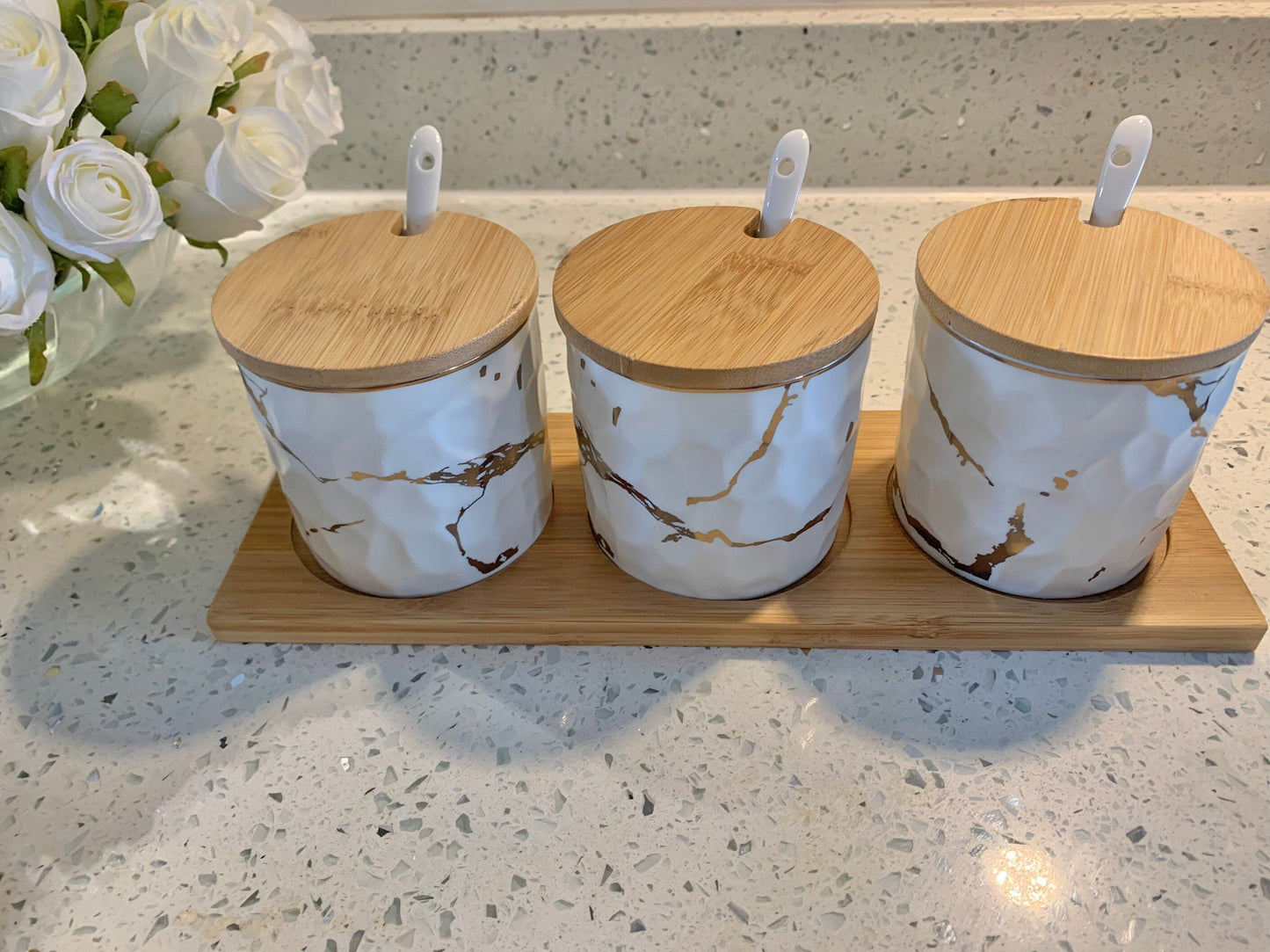 Porcelain Canister Set with Wooden Tray Canisters High Class Touch - Home Decor