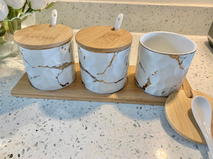 Porcelain Canister Set with Wooden Tray Canisters High Class Touch - Home Decor 