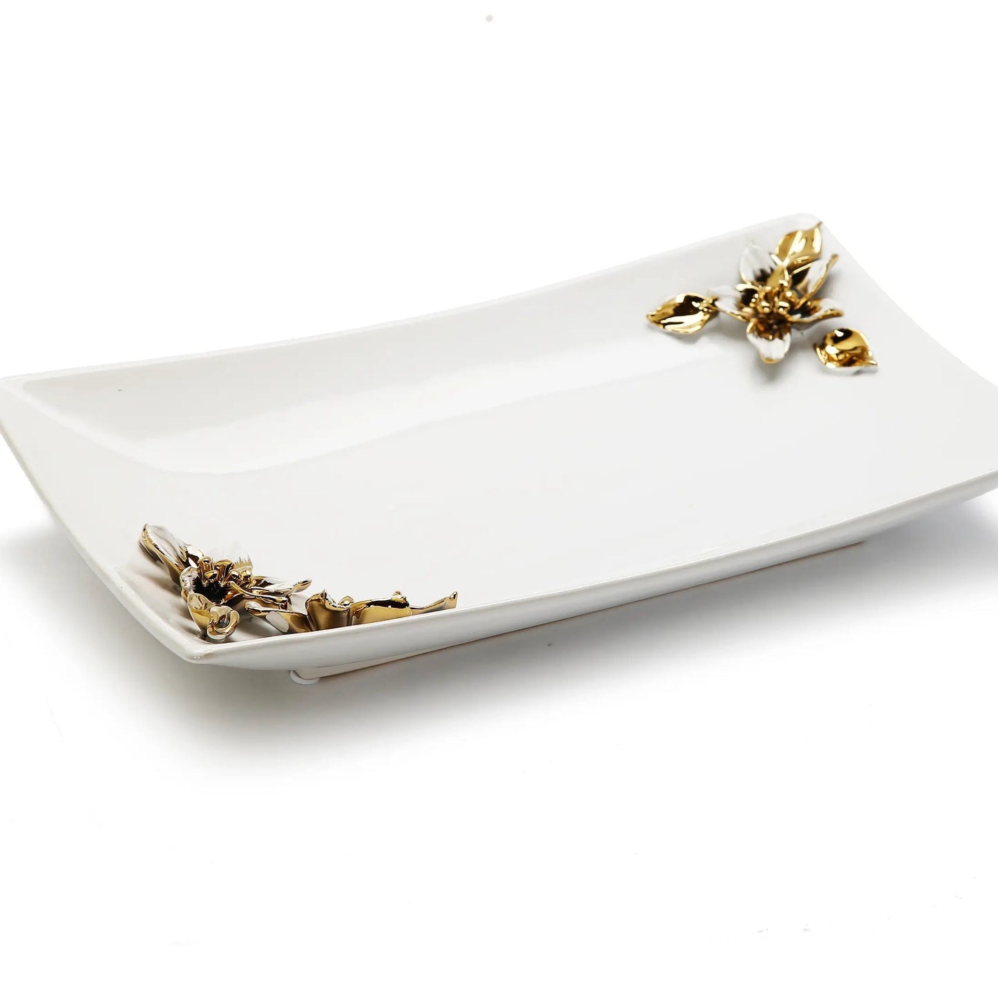 Porcelain Tray with Gold and White Flower on Handles Decorative Trays High Class Touch - Home Decor
