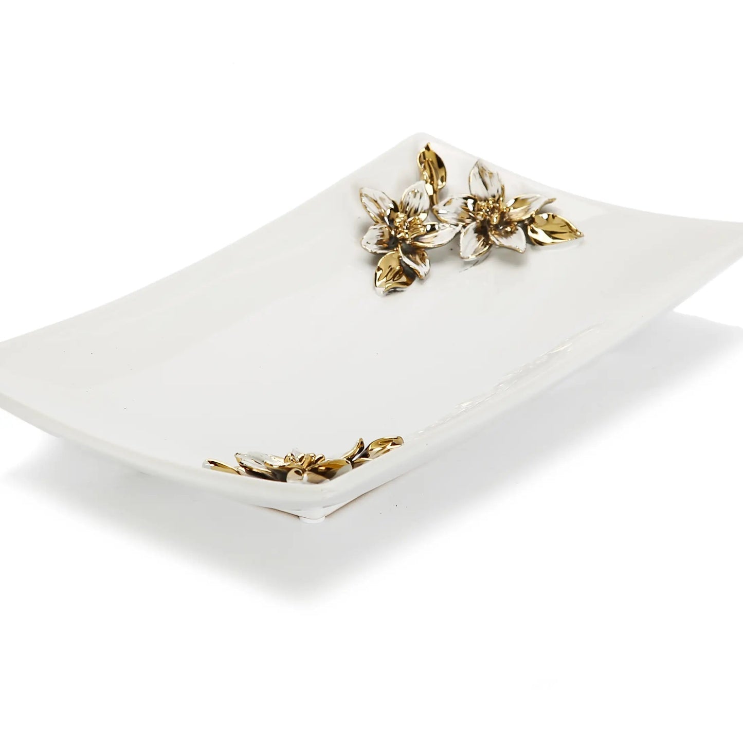 Porcelain Tray with Gold and White Flower on Handles Decorative Trays High Class Touch - Home Decor