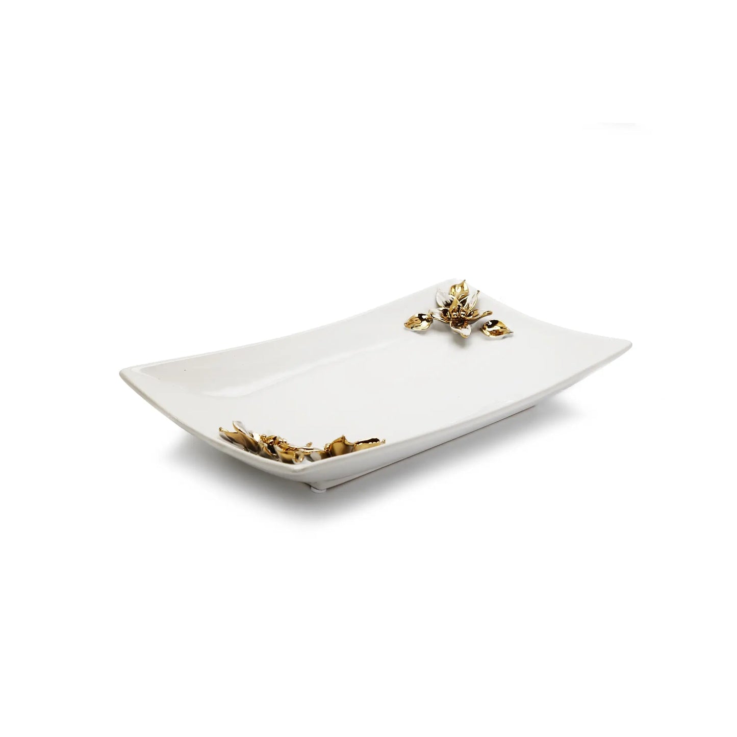 Porcelain Tray with Gold and White Flower on Handles Decorative Trays High Class Touch - Home Decor