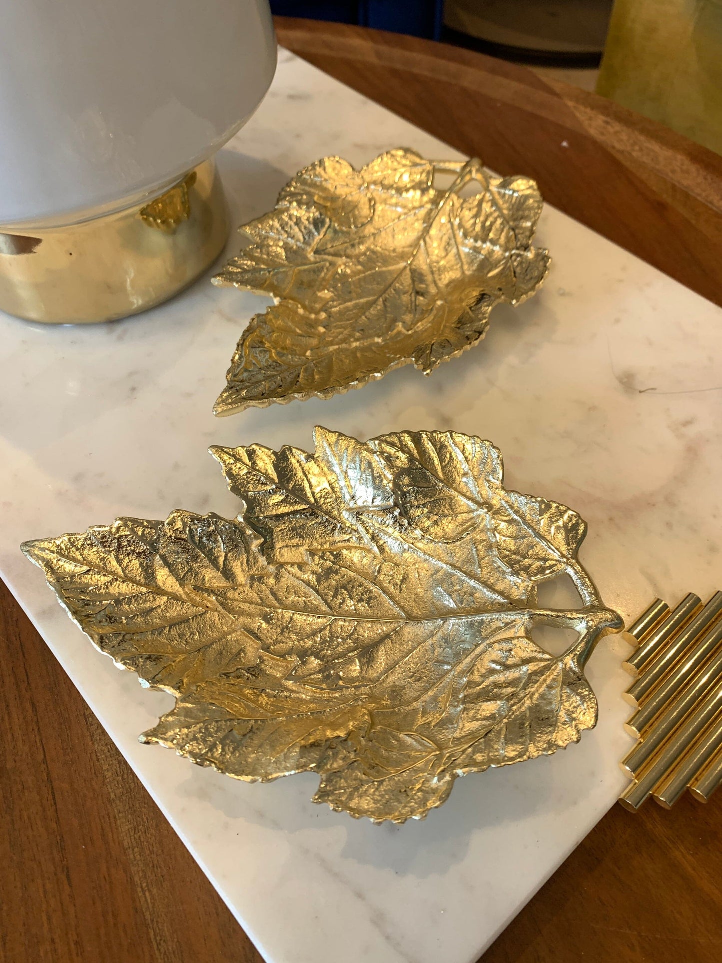 Set Of 2 Gold Metal Leaves Decorative Plates High Class Touch - Home Decor 