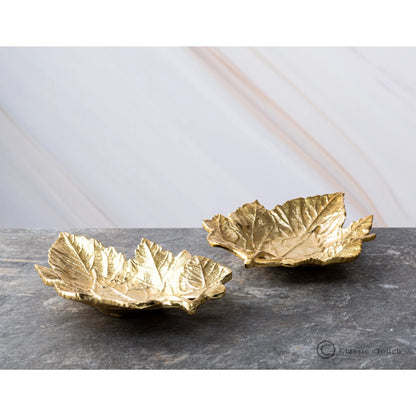 Set Of 2 Gold Metal Leaves Decorative Plates High Class Touch - Home Decor 
