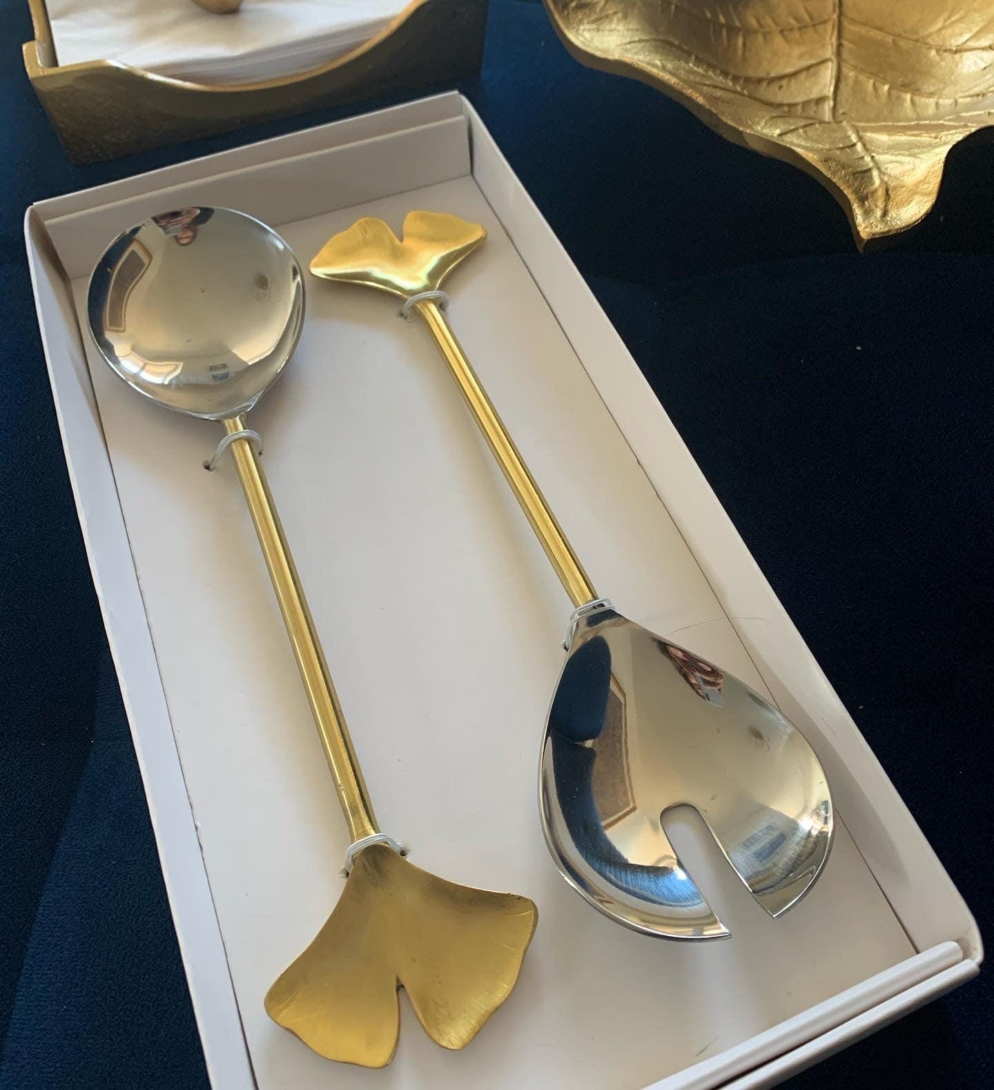 Set of 2 Salad Servers with Gold Handle and Flower Tip Salad server set High Class Touch - Home Decor 