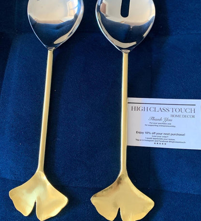 Set of 2 Salad Servers with Gold Handle and Flower Tip Salad server set High Class Touch - Home Decor 