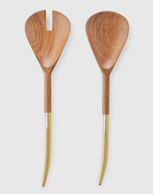 Set of 2 Wood Salad Servers with Gold Handles Salad server set High Class Touch - Home Decor 