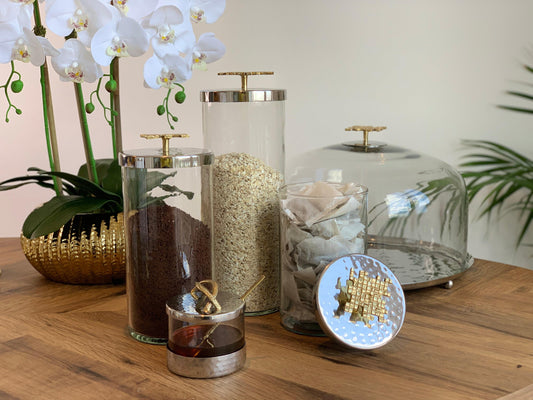Glass Canister With Gold/ Nickel Lid High Class Touch - Home Decor 