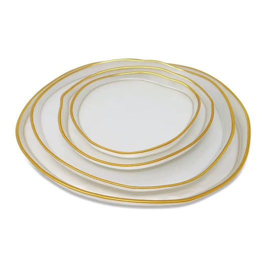 Set of 4 Odd Shaped White Plates with Gold Wall Dinnerware Sets High Class Touch - Home Decor 