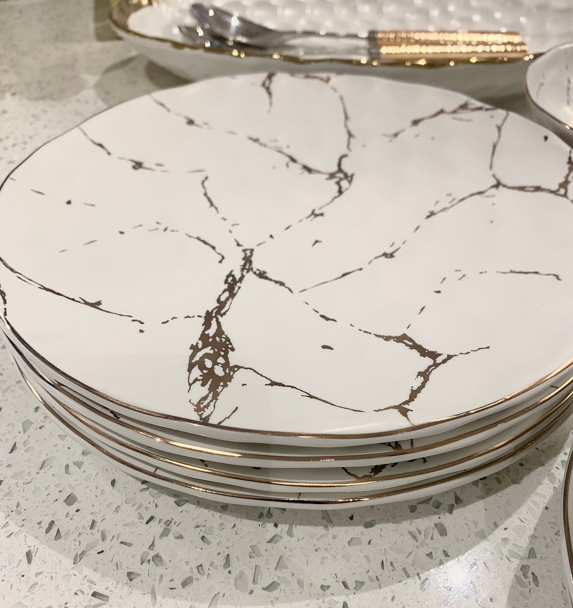 Set Of 4 White Porcelain Salad Plates With Gold Design Plates High Class Touch - Home Decor