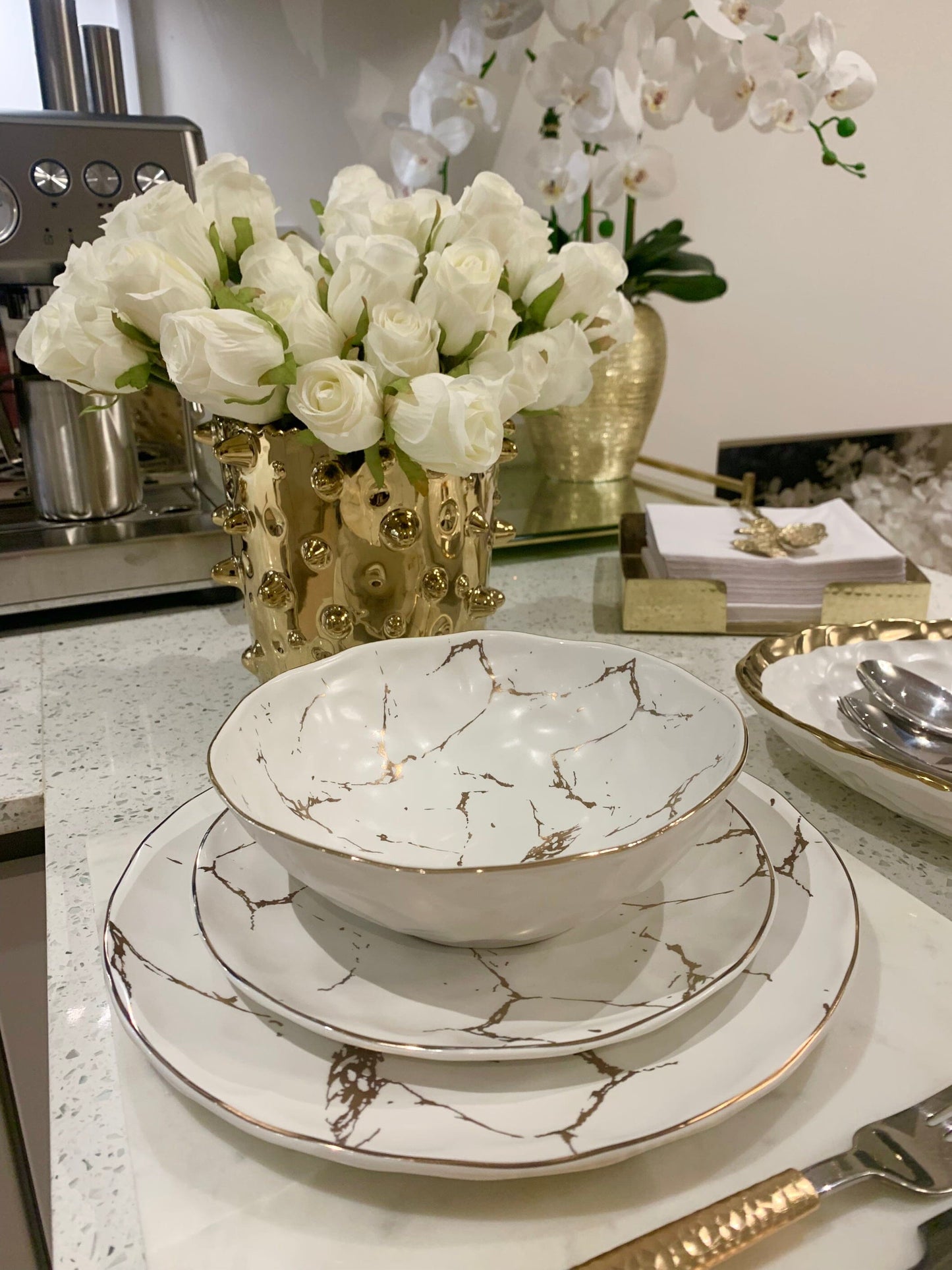 Set Of 4 White Porcelain Soup Bowl With Gold Design Bowl Plate High Class Touch - Home Decor