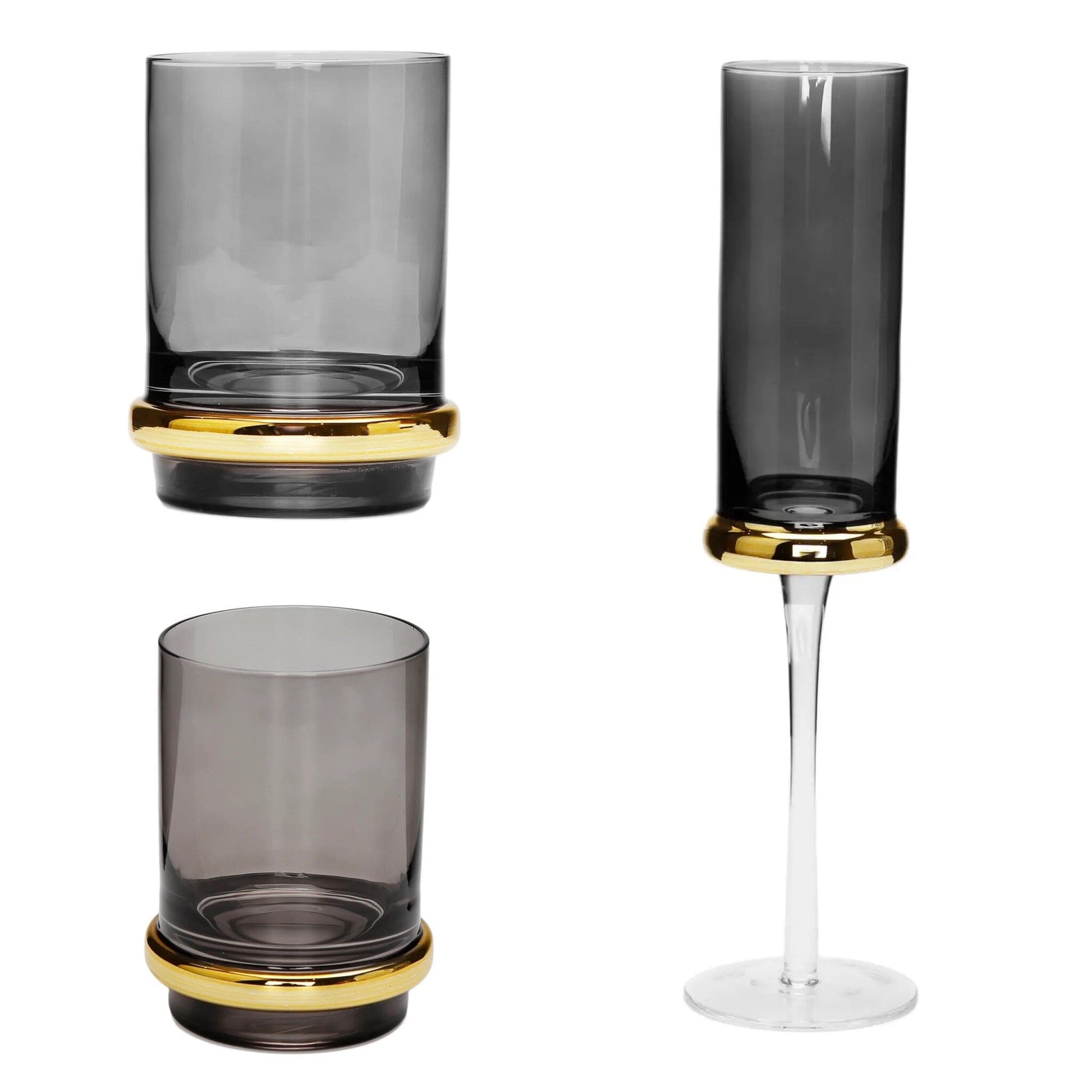Set of 6 Flute Glasses Tinted Black with Gold Band Flute Glasses High Class Touch - Home Decor 