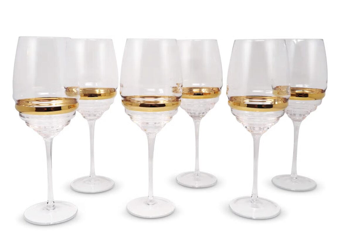 Set of 6 Glasses with Linear Design and Gold Stripe Flute Glasses High Class Touch - Home Decor 