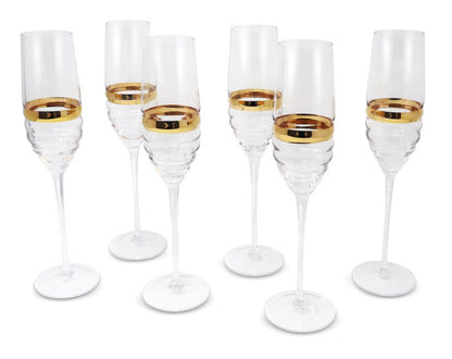 Set of 6 Glasses with Linear Design and Gold Stripe Flute Glasses High Class Touch - Home Decor 