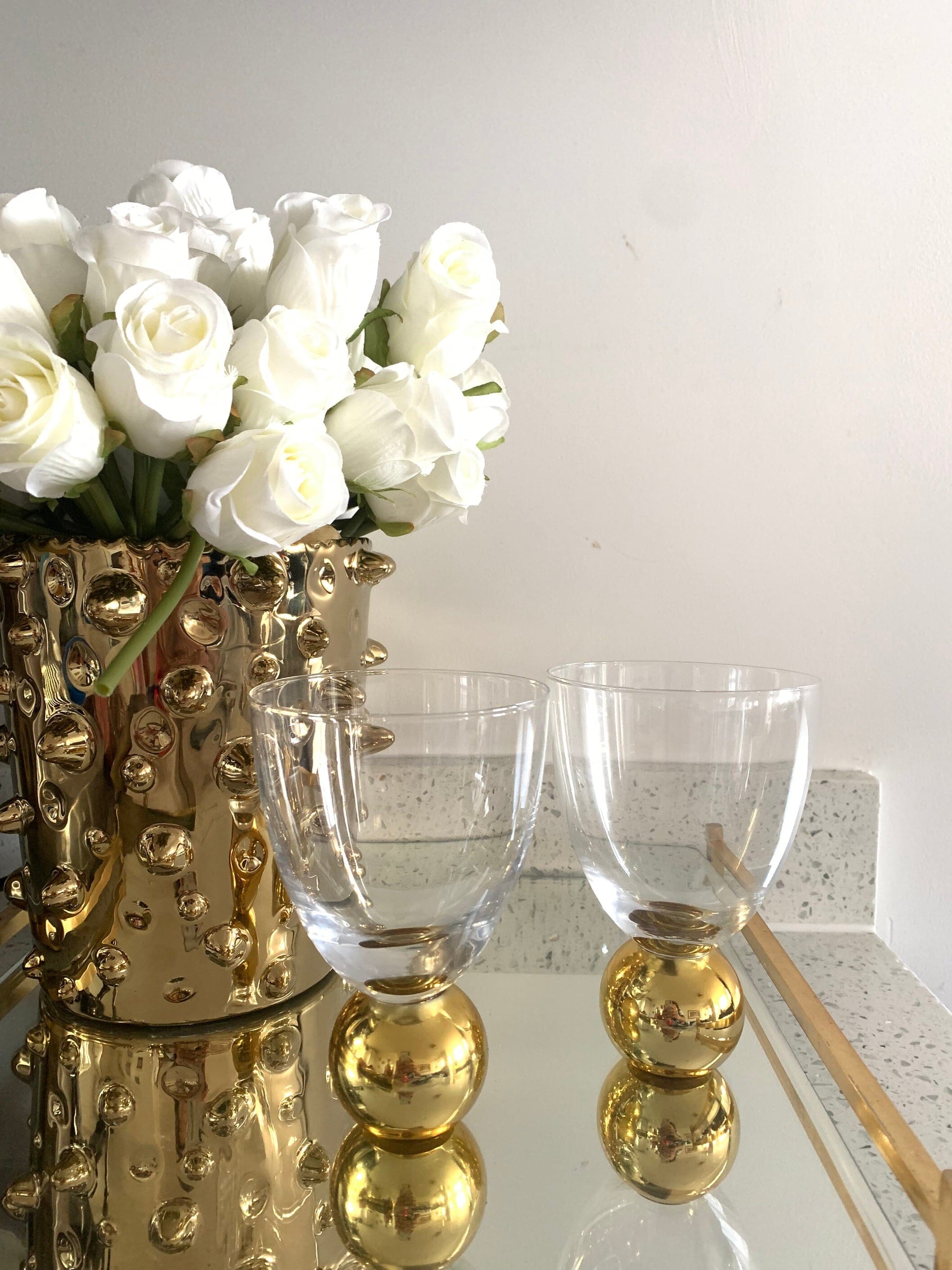 Set of 6 Small Wine Glasses on Gold Ball Pedestal Wine Glasses High Class Touch - Home Decor 