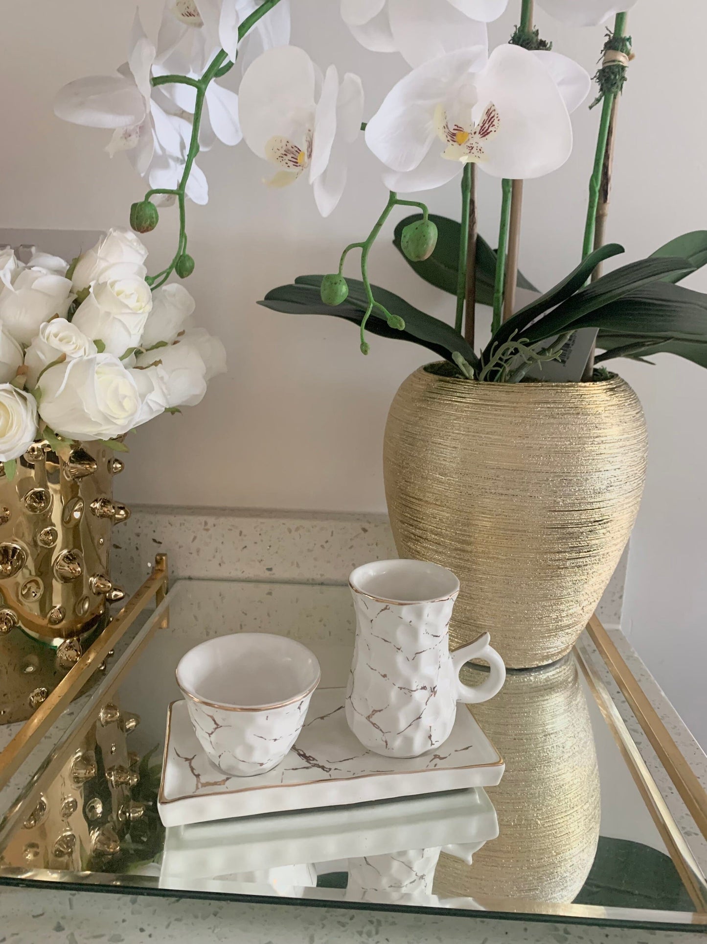 Small White Porcelain Tea Set Textured With Gold Speckles Mugs and Tea Cup High Class Touch - Home Decor