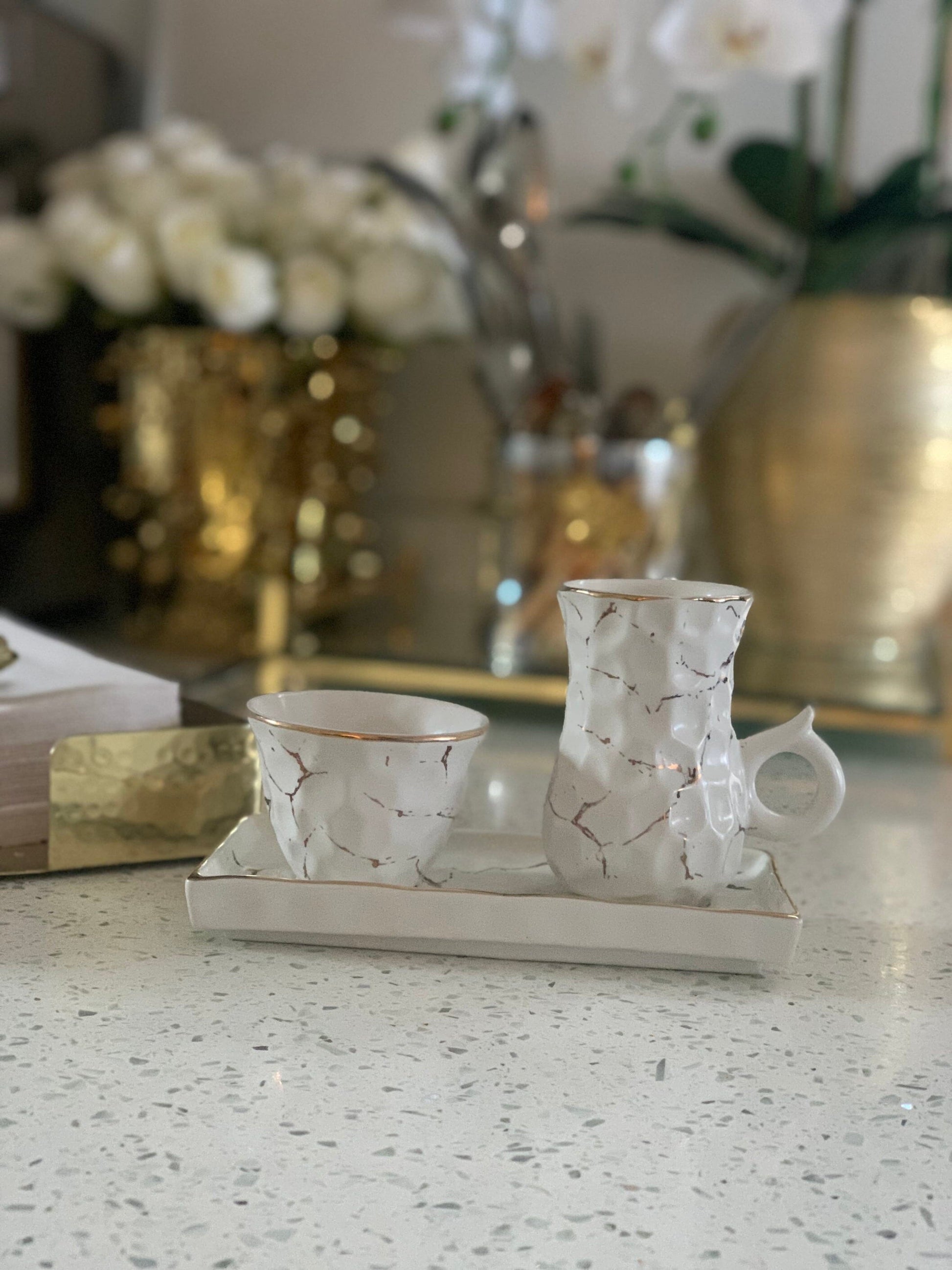 Small White Porcelain Tea Set Textured With Gold Speckles Mugs and Tea Cup High Class Touch - Home Decor
