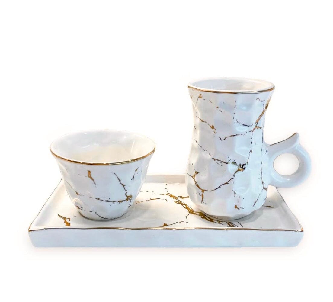 Small White Porcelain Tea Set Textured With Gold Speckles Mugs and Tea Cup High Class Touch - Home Decor
