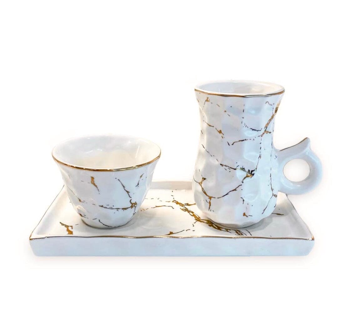 Small White Porcelain Tea Set Textured With Gold Speckles Mugs and Tea Cup High Class Touch - Home Decor 